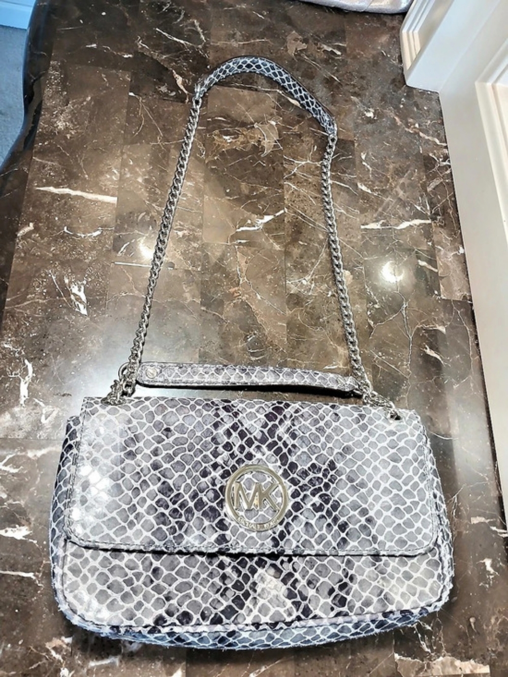 Michael Kors Gray Snakeskin Embossed Shoulder Bag with Silver MK Logo Chain